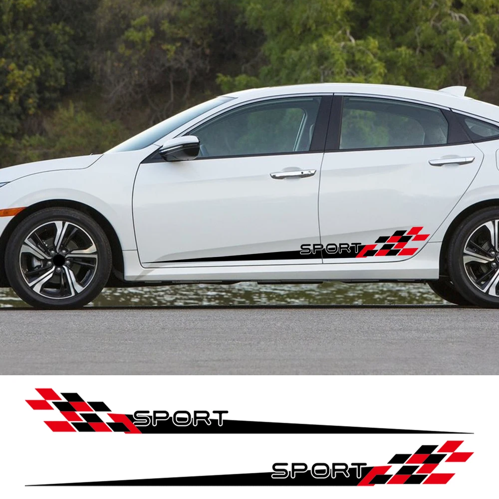 2PCS Racing Checkered Sport Car Side Door Stickers Waterproof Vinyl Graphic Decals PVC Auto Body Side Skirt Modification Sticker