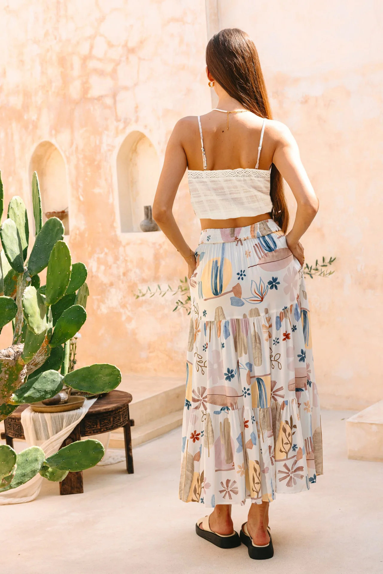 2025 Spring/Summer New Street Geometry Plant Print Retro Half Skirt Women's Elegant Lower Half Colored Printed Long Skirts