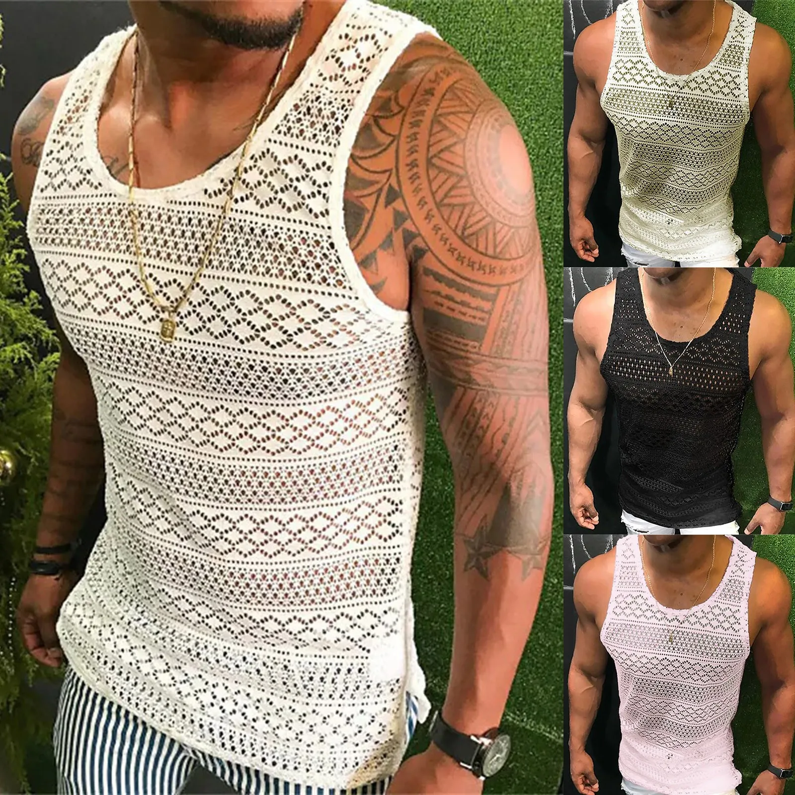 Men\'s Tank Top Hollow Breathable Vest Summer See Through Vest Crewneck Sleeveless Tank Tops Muscle Sexy Mesh Shirts Fitness Vest