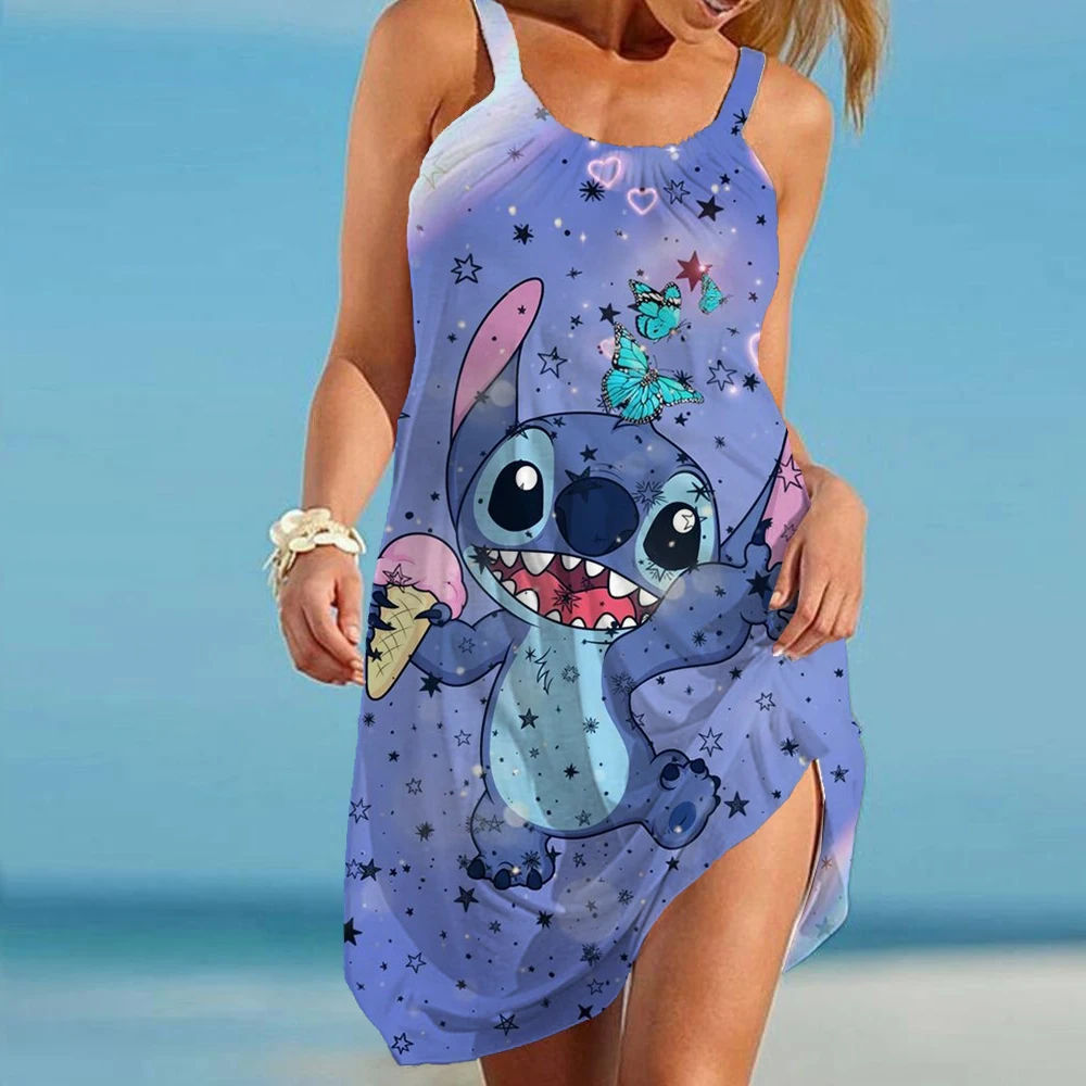 Stitch Women's Summer Sundresses Disney Dress Sexy Boho Sleeveless Cartoon Dresses 2024 Fashion Backless Beach Woman Loose Slip