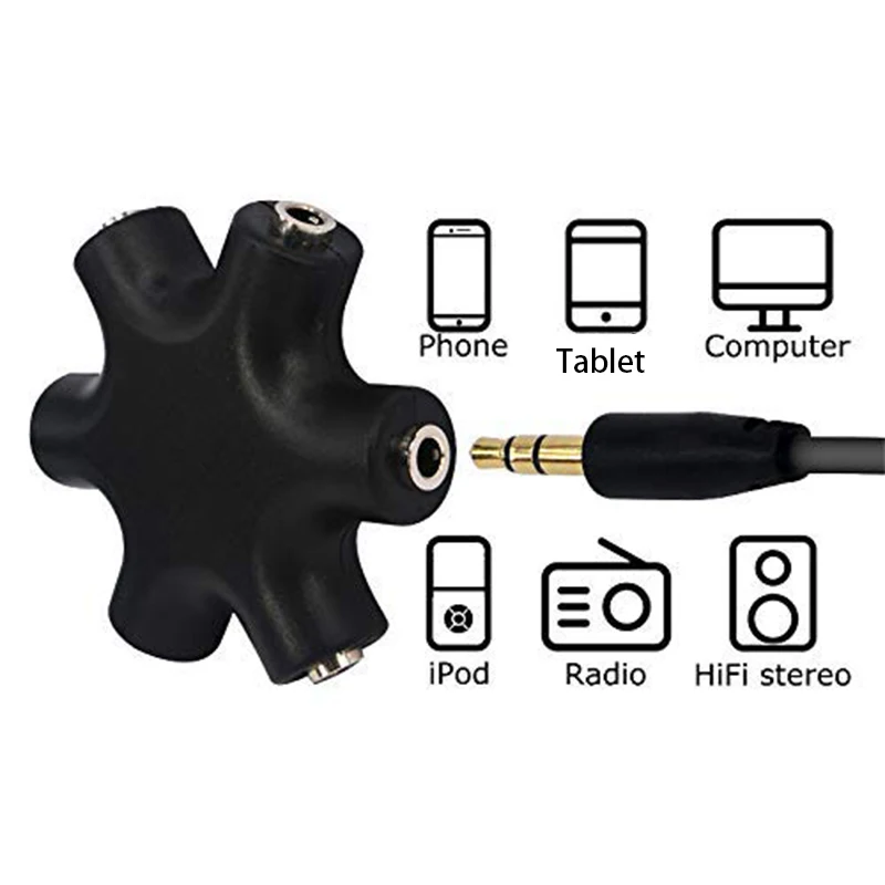 Headphone Splitter 5-Jack 3.5mm Earphone Headphone Audio Aux Splitter Stereo Audio Headset Adapter 5 Way 1 Male to 2 3 4 5