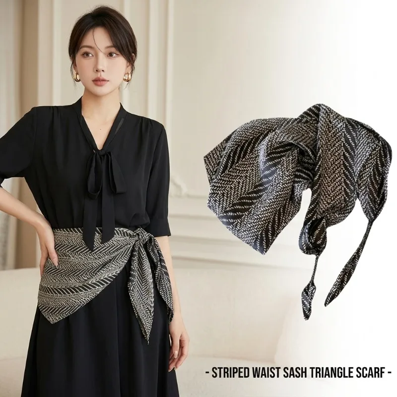 

2026 New Korean Style Women's Scarf Belt, Luxury Black Striped Triangle Waist Accessory, Elegant and High-End Waist Decoration