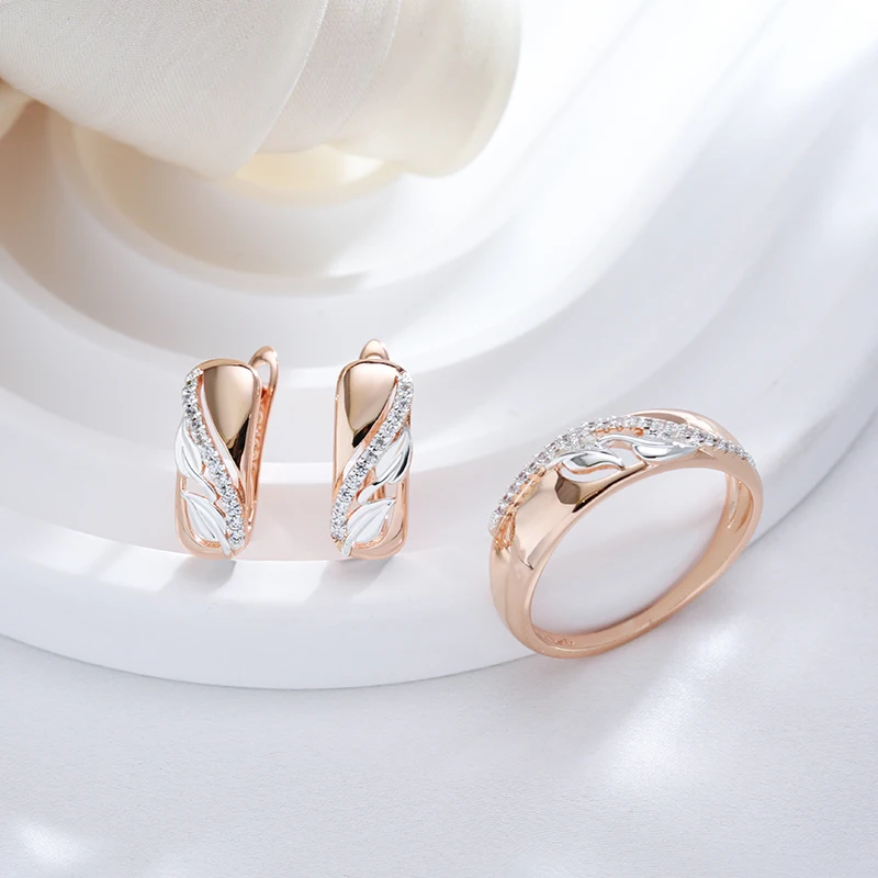 Kinel Hot Vintage Natural Zircon Leaf Rings for Women 6mm Wide 585 Rose Gold Silver Color Mix Ethnic Bride Wedding Jewelry