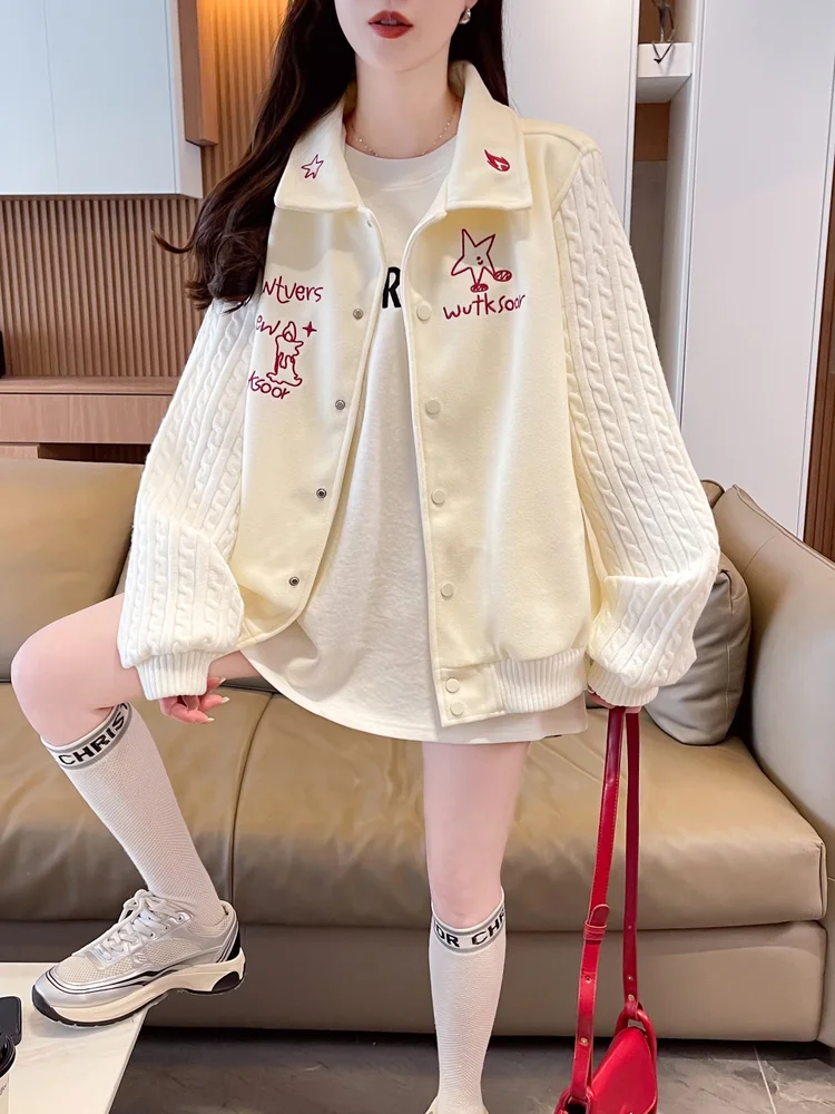 American Retro Baseball Uniform Solid Color Gentle Knitted Spliced Embroidered Stars Candles Letters Soft Fashion Lapel Jacket