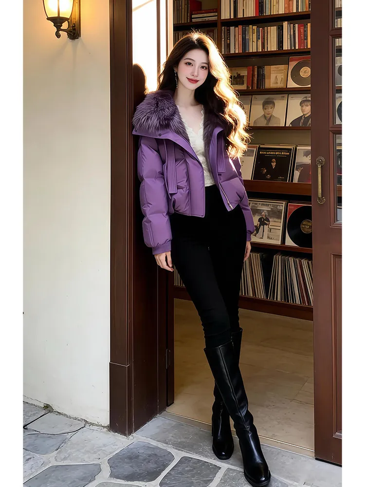 

Winter Premium Purple Cotton Jacket And Slim Fit High Waist Jeans Women's Two-Piece Set Comfortable Knitted Polyester Fabric