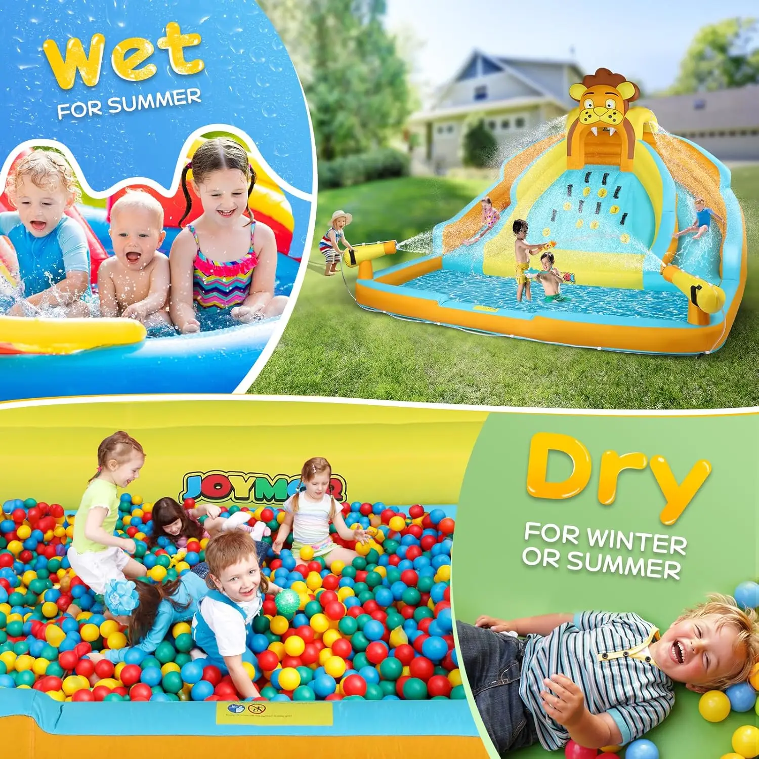 7-in-1 Inflatable Water Slides for Kids Backyard w/2 Slides, Large Climbing Wall, Water Cannons, Sprinklers, 30s Blow Up Water S