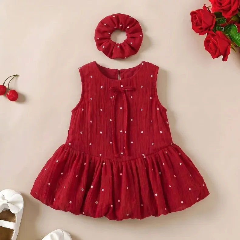 Mädchenkleid (0-10 Jahre) Sommer Neuheit Süßes Prinzessinnenkleid mit Haarschleife Rotes Geburtstagskleid für Babymädchen – Detail 1