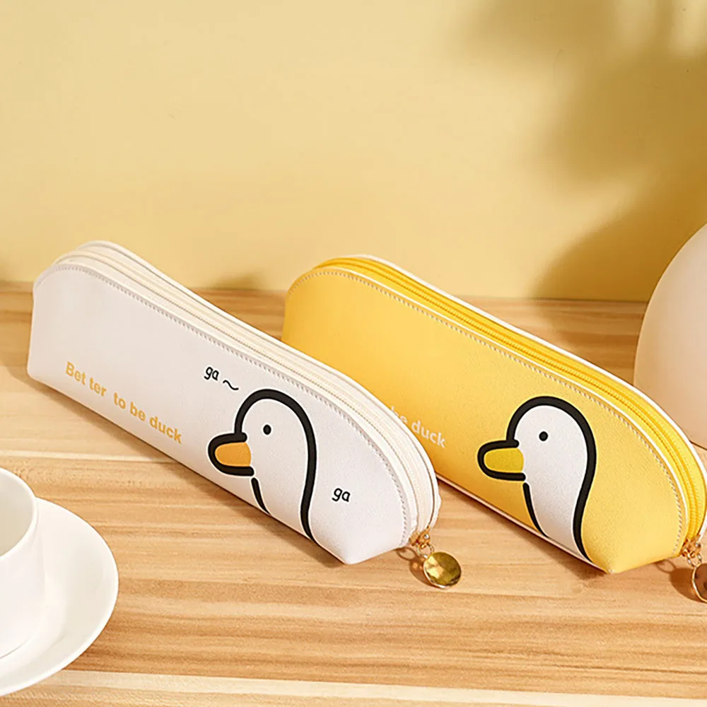 High appearance cute duck cartoon straight pencil case, niche student desktop stationery storage bag