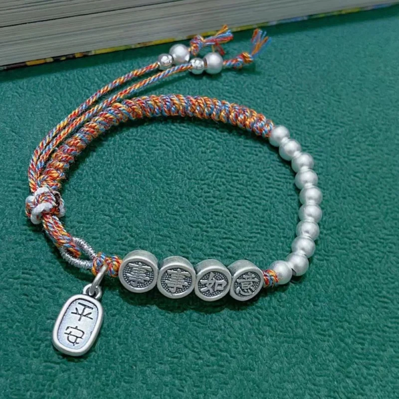 

Женский плетеный браслет ручной работы с красной веревкой 999 пробы, серебряные украшения