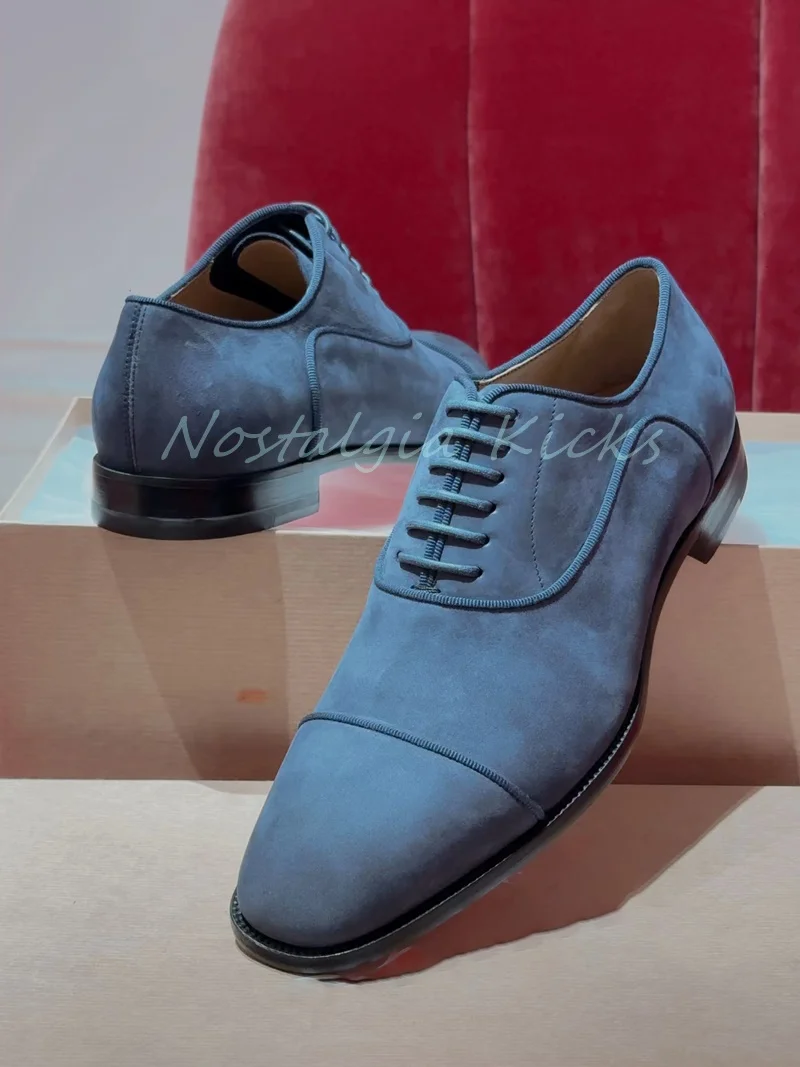 Blue Gray Suede Men's Oxford Dress Shoes Vintage Lace Up Brogue Decor Formal Business Shoes Luxury Handmade Office Shoes - Detail 1