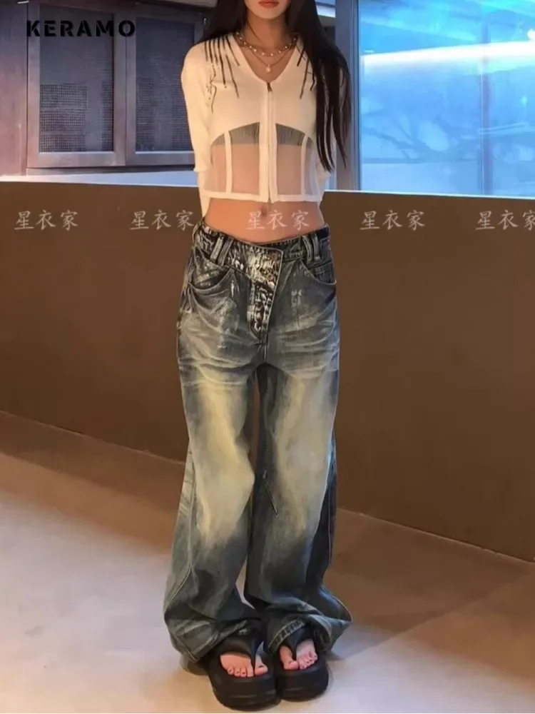 Calças jeans largas de perna larga feminina, jeans solto de cintura alta, retrô, sexy, casual, harajuku, coreano Y2K, anos 2000, verão, 2024