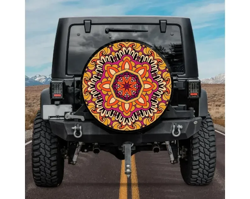 Spare Tire Cover with Mandala design Rear Camera option, Tire Cover, girl, Accessories, Colorful Mandala tire cover