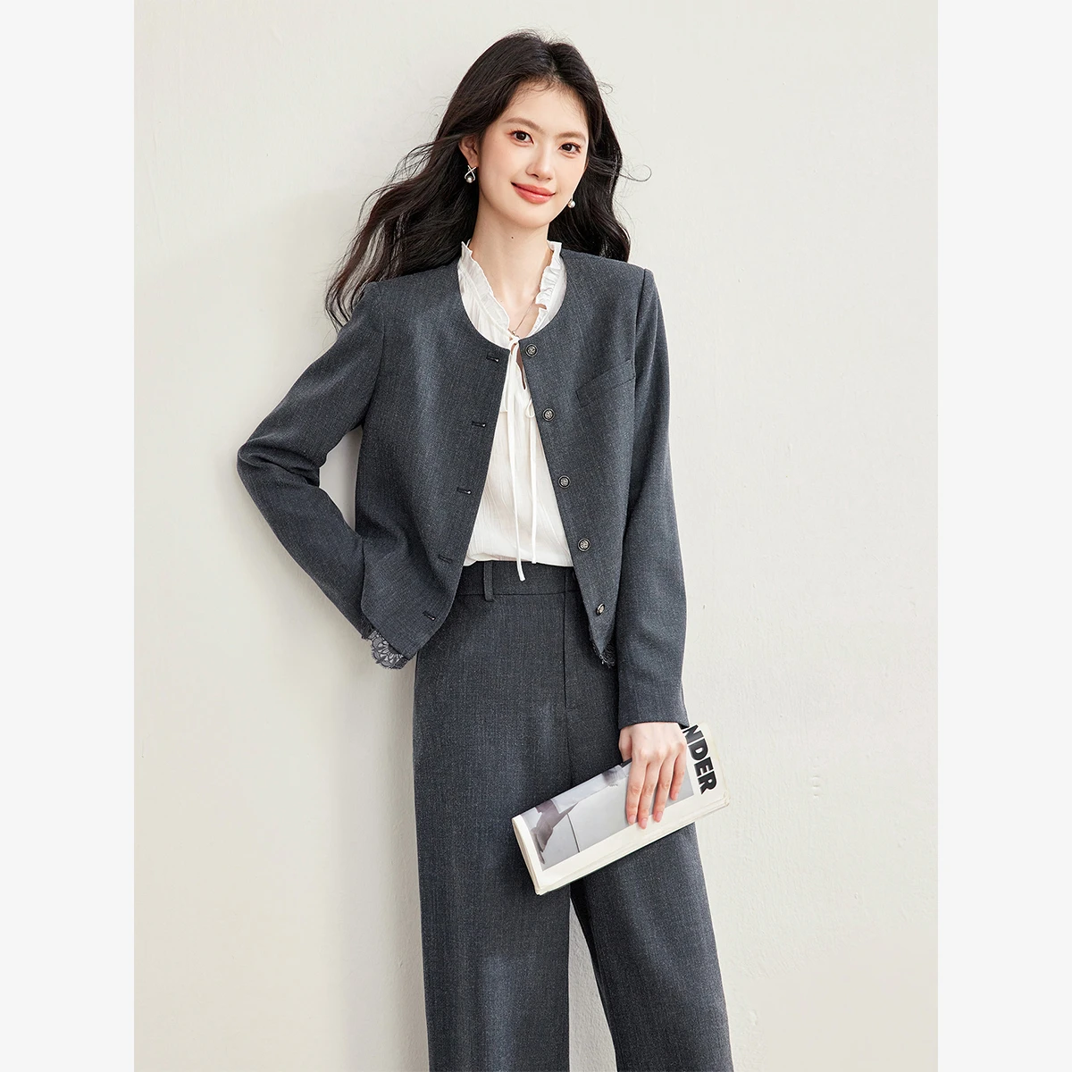 VIMLY Dark Gray Commuter Set for Women Lace Trim Blazer Straight Wide-leg Baggy Pants Two-piece Set 2026 Matching Outfit A7308