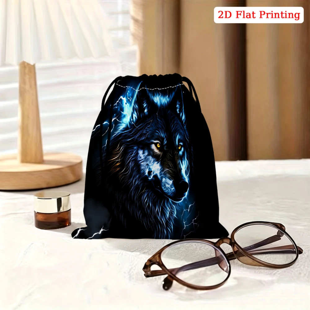 1Pc Wolf Pattern Drawstring Bag Black Blue Lightning Print Storage Small Pouch For Travel Gym Cosmetics Organization Unisex Port
