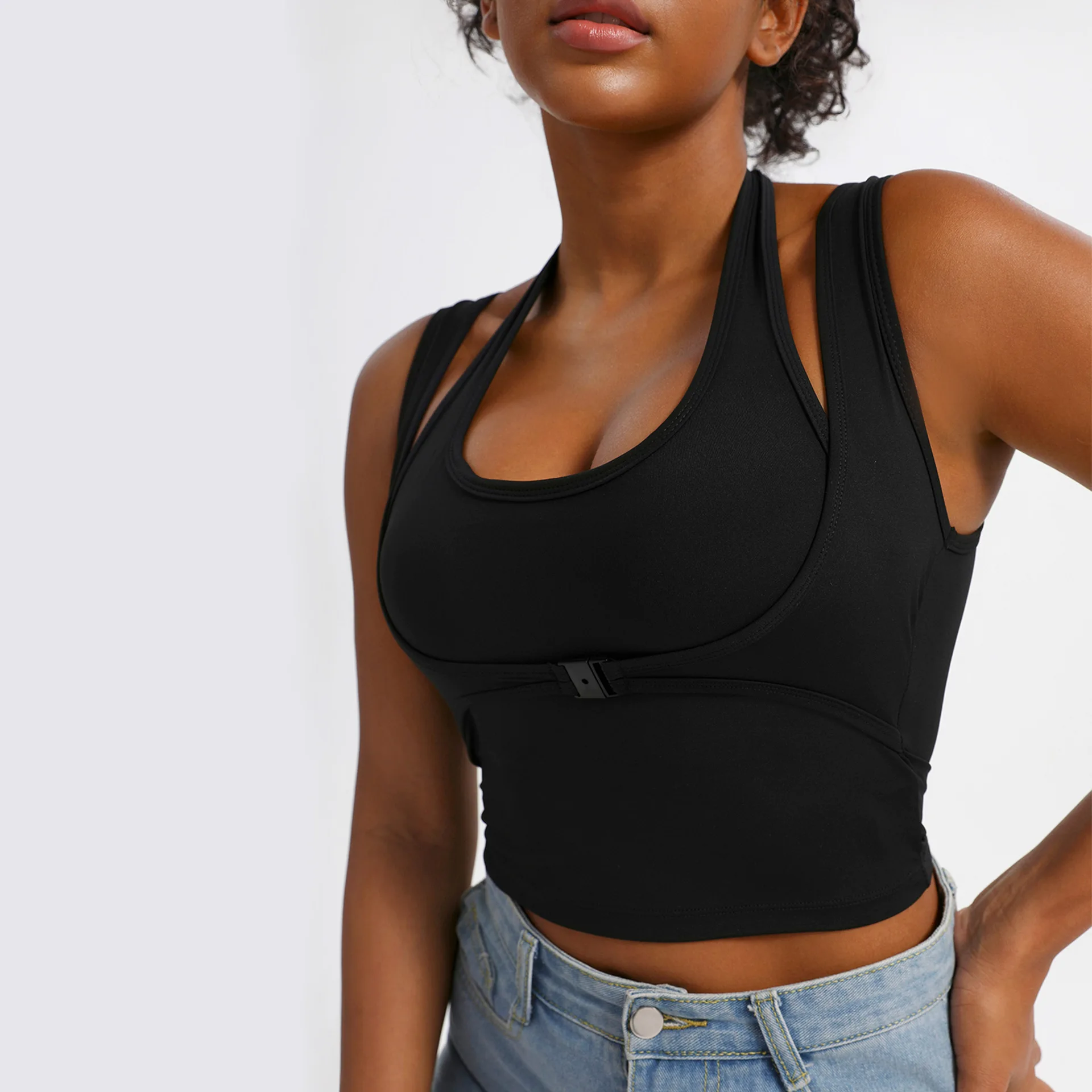 Greenora Y2K Streetwear Crop Top Women Sexy Buckle Patchwork Halter Tank Tops Techwear Sleeveless Skinny Harajuku Clubwear Tees