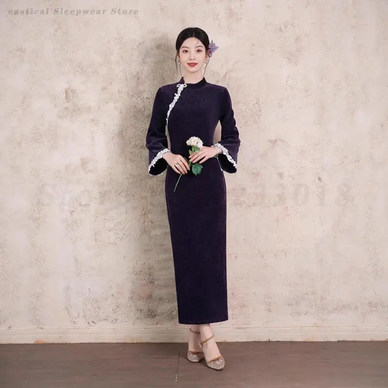 أنيقة الكلاسيكية الإناث طويلة تشيباو مثير سليم سبليت شيونغسام خمر الدانتيل اليوسفي طوق فستان صيني تقليدي Vestidos