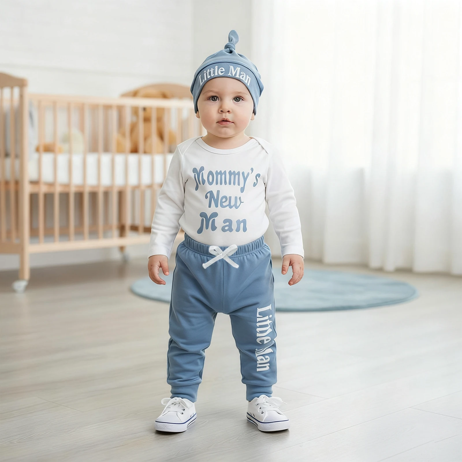 

Осенняя одежда из 3 предметов для маленьких мальчиков, комбинезон с круглым вырезом и длинными рукавами с буквенным принтом, штаны с эластичной резинкой на талии и комплект кепок