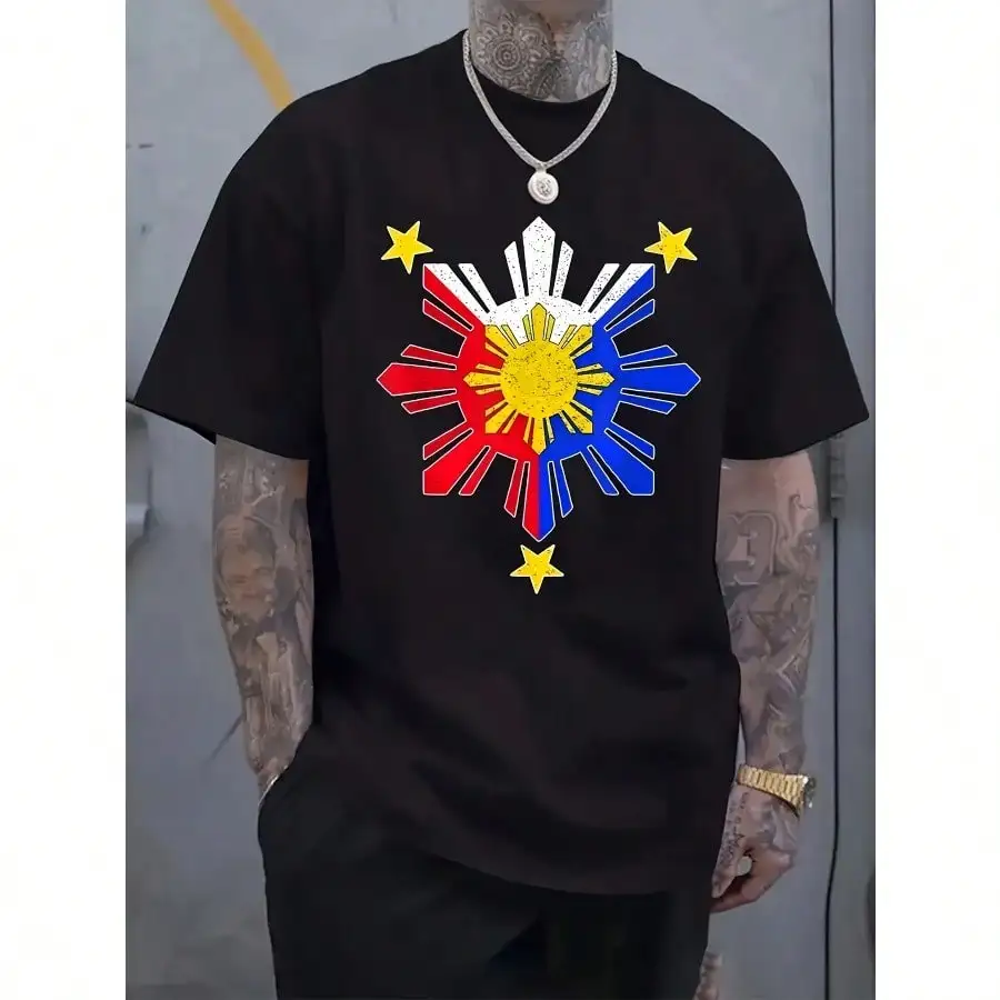 تي شيرت رجالي مطبوع عليه علم الفلبين الوطني - تي شيرت أبيض كاجوال بأكمام قصيرة مع تصميم أمة الله الملونة بقصة عادية #6