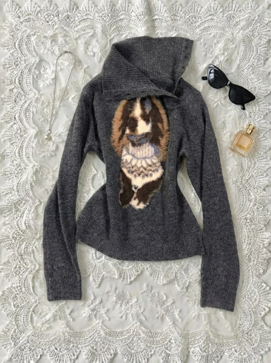 

Original ey Floral Dog Knitted Sweater for Women Autumn Winter New Design Casual Sle Cotton Blend Long Sve f High C...