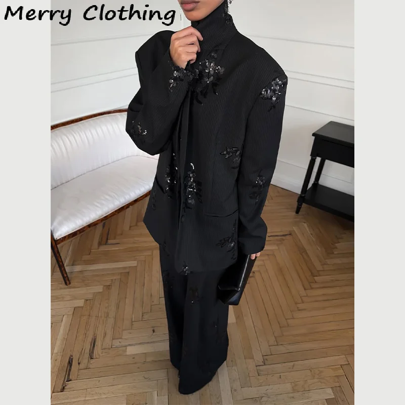 Black Sequin Embroidery Blazer 2-Piece Sets Women Chic Full Sleeve Lapel V-neck Loose Coats Wide Leg Pants Set Lady Spring Suits