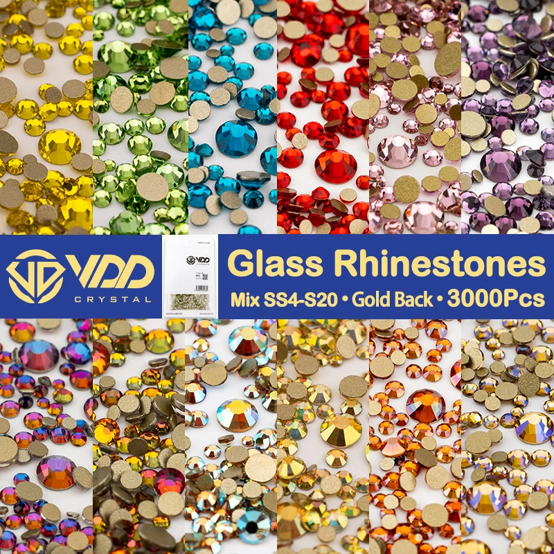 VDD 3000Pcs Mix Size SS4-SS20 Clear Crystal Rhinestones Non-hotfix Gold Flatback Glitter Stones Nail Art Crafts DIY Decorations