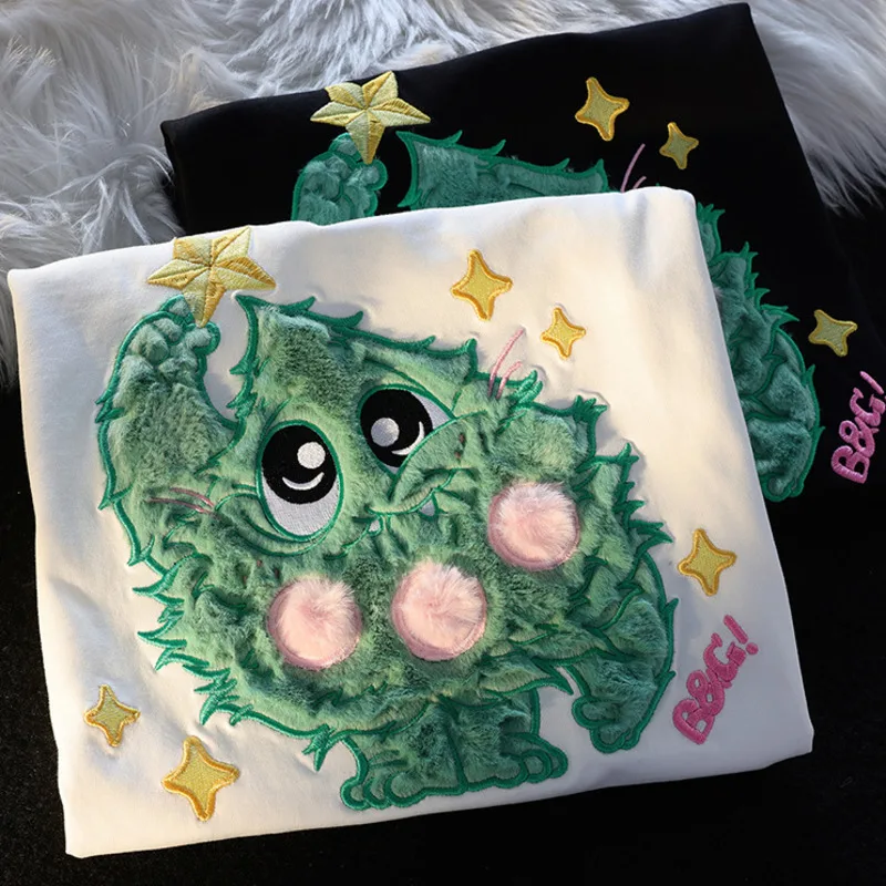 Women's Summer New College Style Flocking Tee Shirts Lovely Sweet Christmas Tree Cartoon Plush Embroidery Short Sleeve T-shirt