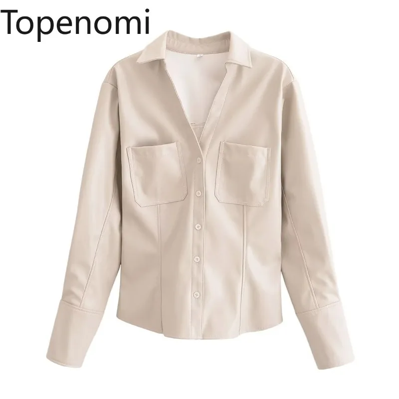 Topenomi Faux Leather Long Sleeve Shirt Women French Temperament Solid V Neck Waist Slim Lady Tops Autumn Winter Elegant Blouse