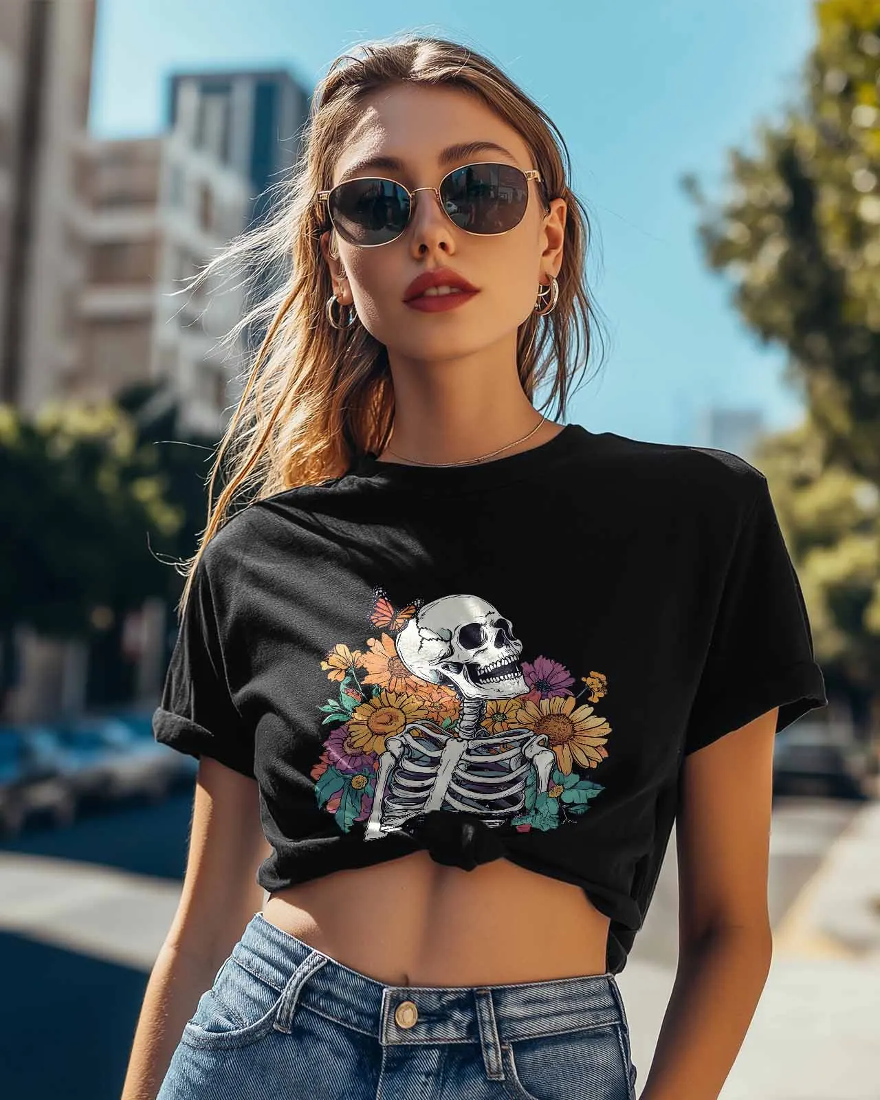 Flower Yellow Daisy Skull Butterfly T-Shirt Lover Gift Sweatshirt Fitness T-shirt Short Sleeve O-neck Clothing Tops