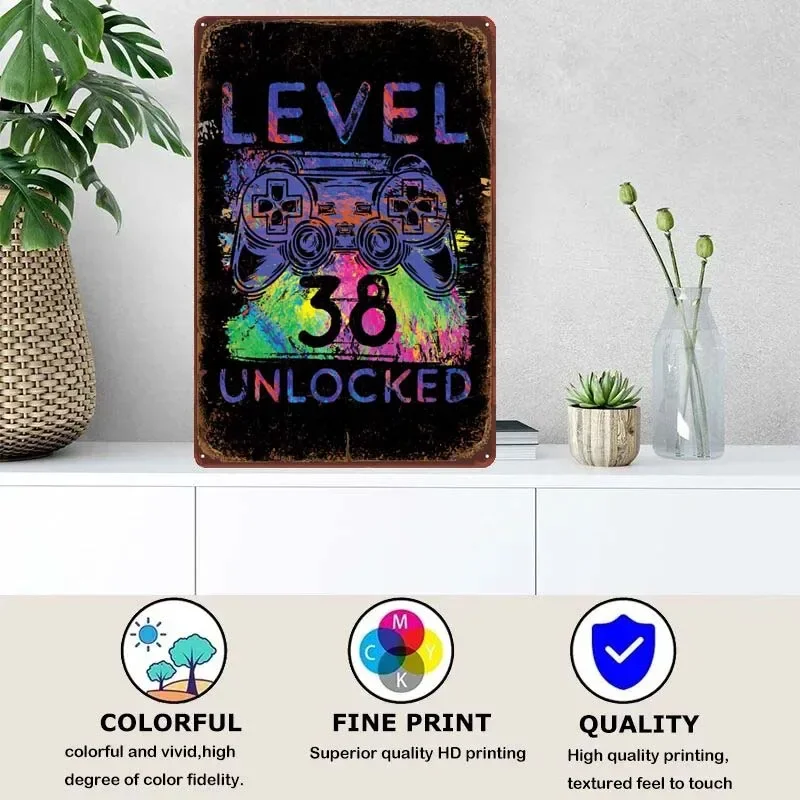 Colorful Gamer Level 38 Wall Art Mural Retro Room Decor Aesthetics Vintage Metal Signs for Bar Garage Wall Art Decoration Home