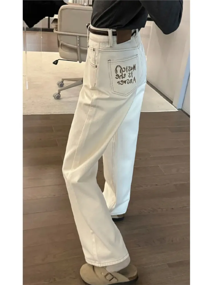 

High Waist Wide Leg Embroidered Loose Fit Women's Jeans Spring Autumn Extended Slim Straight Cut Trousers Milk Apricot Color