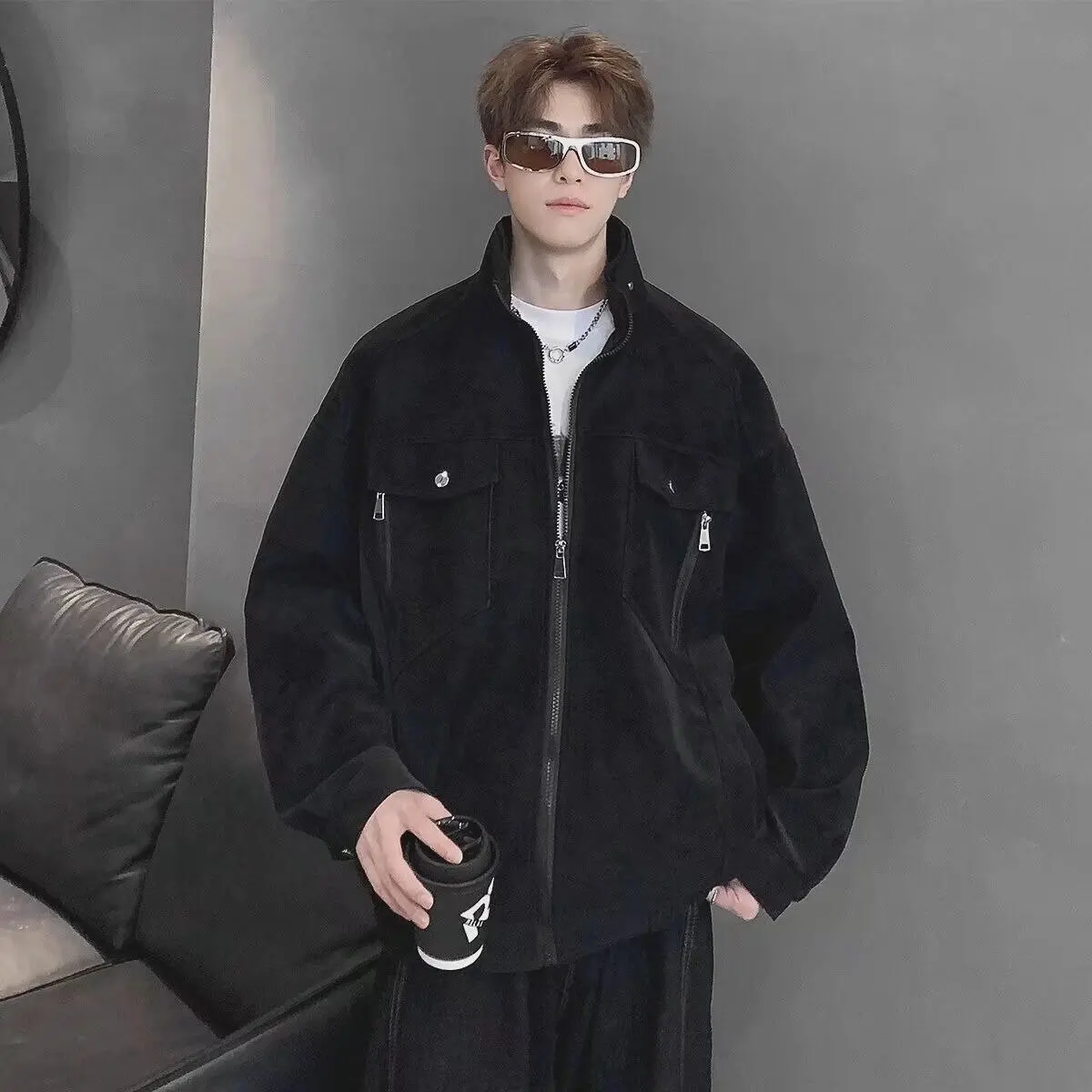 

Мужская осенне-зимняя куртка большого размера из искусственной кожи (PU) 250 гр/м² с воротником-стойкой в американском ретро-стиле, рабочая куртка-косуха, повседневная верхняя одежда