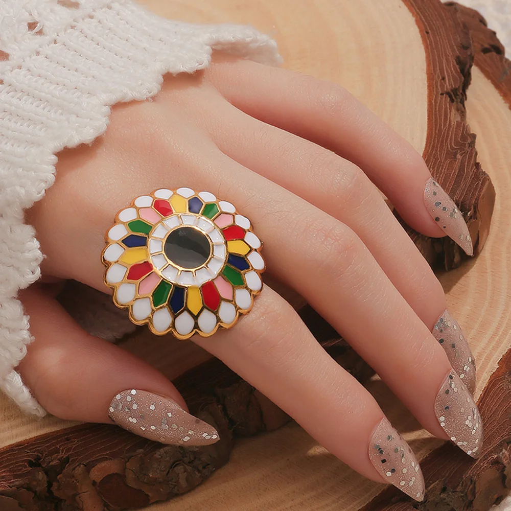 

Bohemian Multicolor Dripping Oil Geometry Flower Open Rings For Woman Fashion Luxury Metal Adjustable Ring Jewelry Accessories