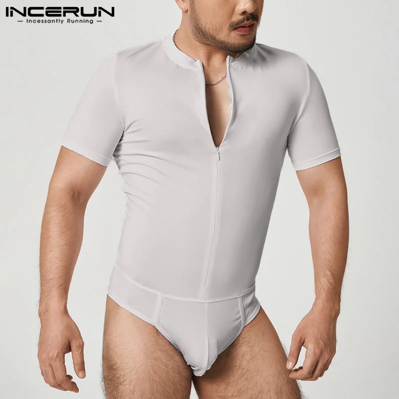 INCERUN Men Bodysuits Solid Color V Neck Short Sleeve Sexy Zipper Underwear Rompers Fashion Cozy 2023 Casual Men Bodysuit S-5XL