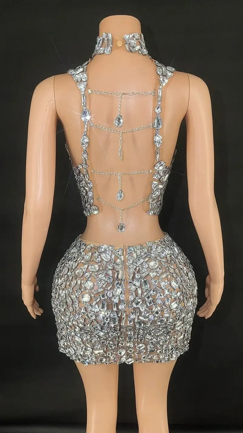 Conjunto de duas peças de piscando Rhinestone Cadeia, Sexy Halter, bainha sem encosto, Birthday Party Outfit, Evening Celebrate Costume, Nightclub Dress