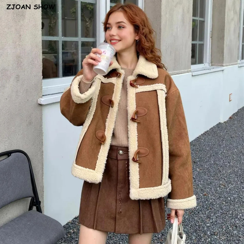 Outono inverno chifre botão camurça casaco de pele de cordeiro feminino lapela manga cheia peludo único breasted botões jaqueta quente chique outerwear