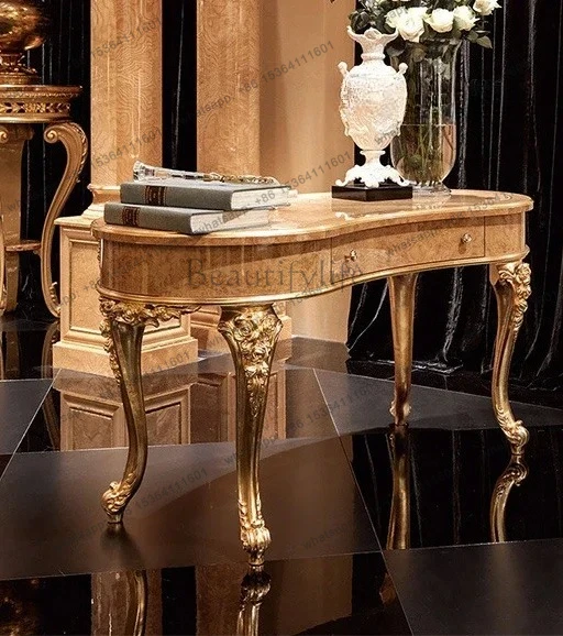 

Light luxury European study furniture solid wood carving flower home desk, writing desk designer