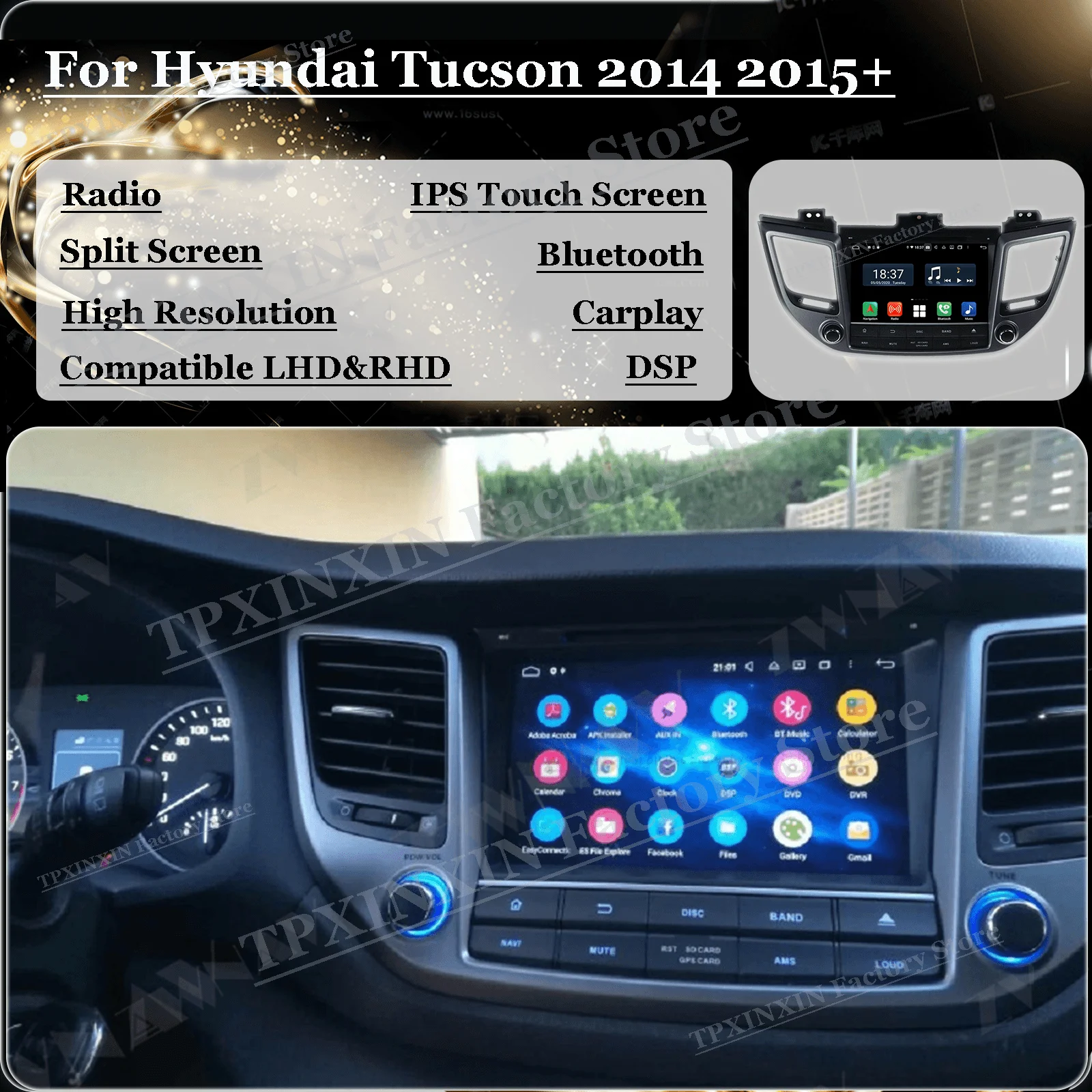 Automotive Central Multimedia 2 Din Android Screen For Hyundai Tucson 2014-2018 Car Radio With Bluetooth Stereo Receiver Player