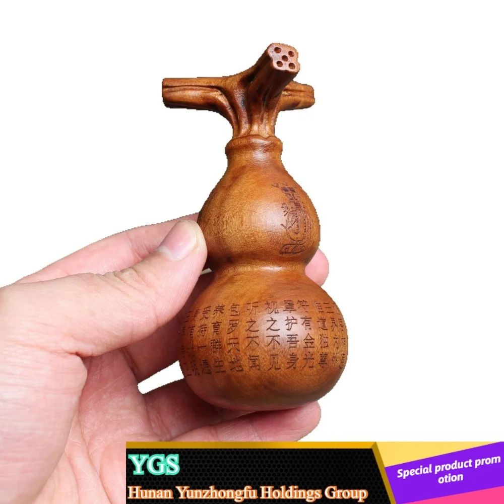 Vintage Dark Thunder Jujube Wood Carved Gourd Charm Golden Script Handheld Decor Hanging Pendant