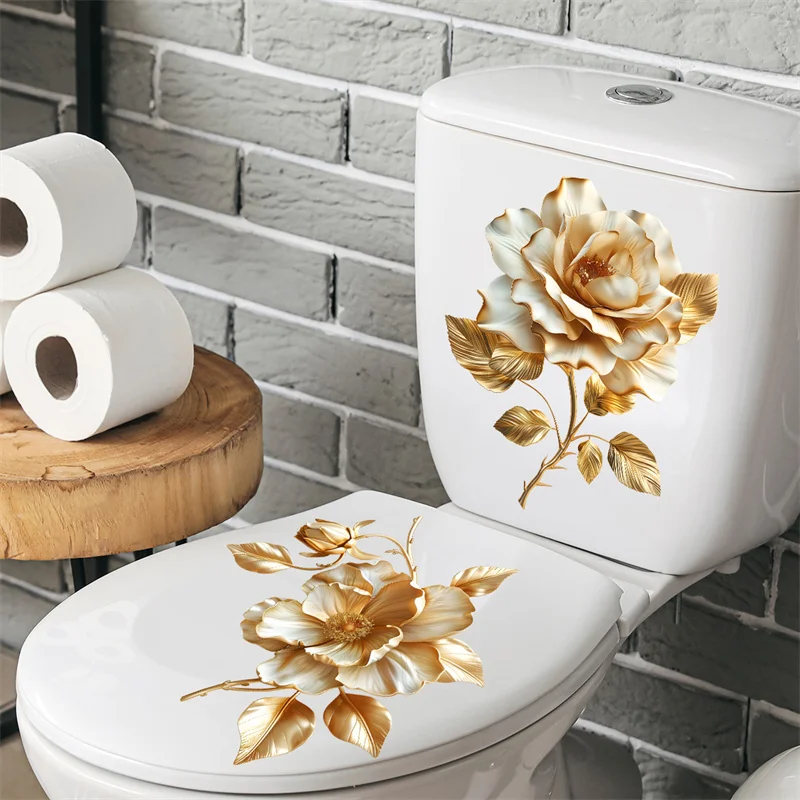 1PC Beautiful Golden Flower Toilet Sticker Bathroom Toilet Cover Decorative Sticker Waterproof Self Adhesive DIY Home Decor