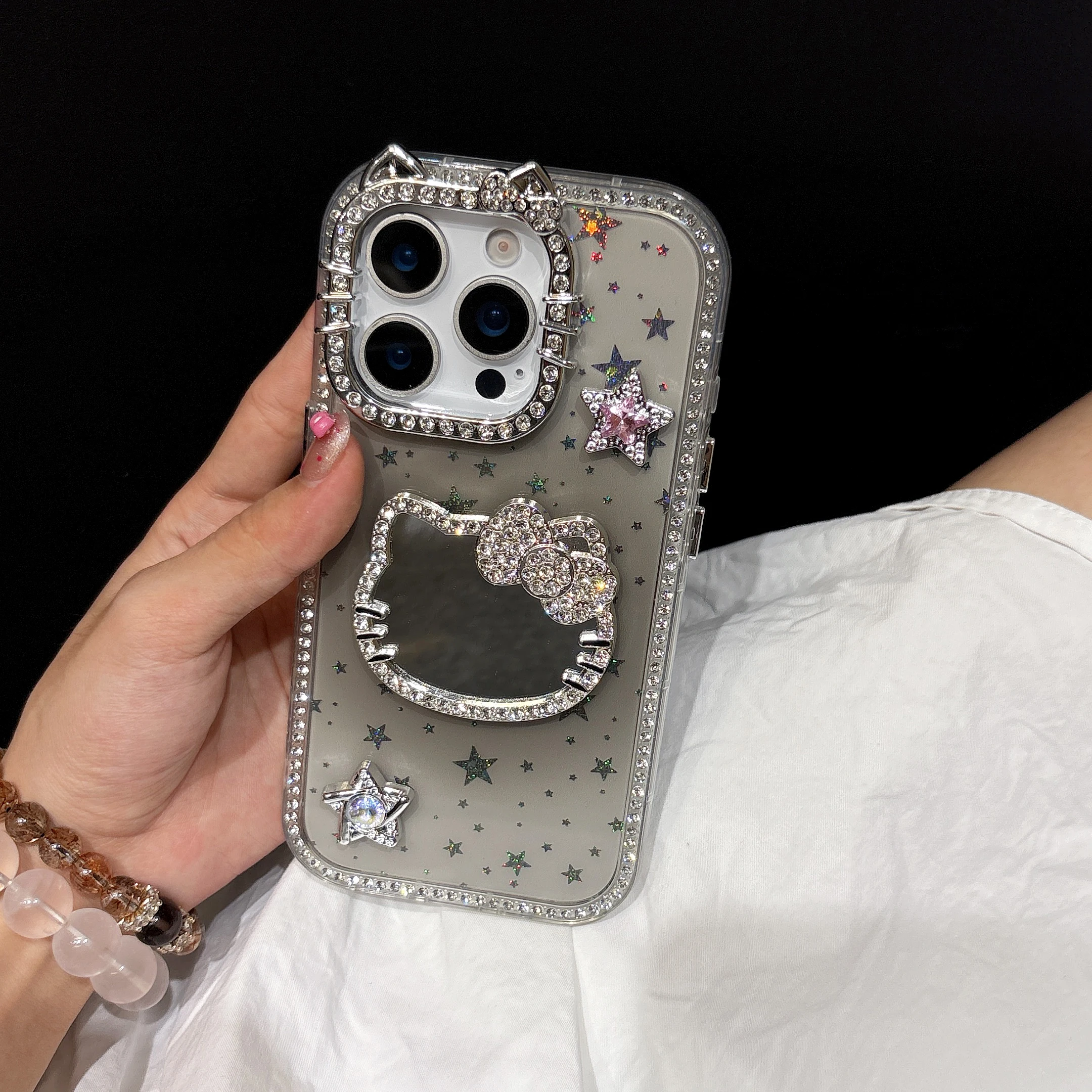 مرآة ماكياج بلينغ بريق نجوم جراب هاتف آيفون 16 15 14 13 12 برو ماكس للصدمات الصلب ثلاثية الأبعاد لطيف سانريو مرحبا كيتي غطاء #5