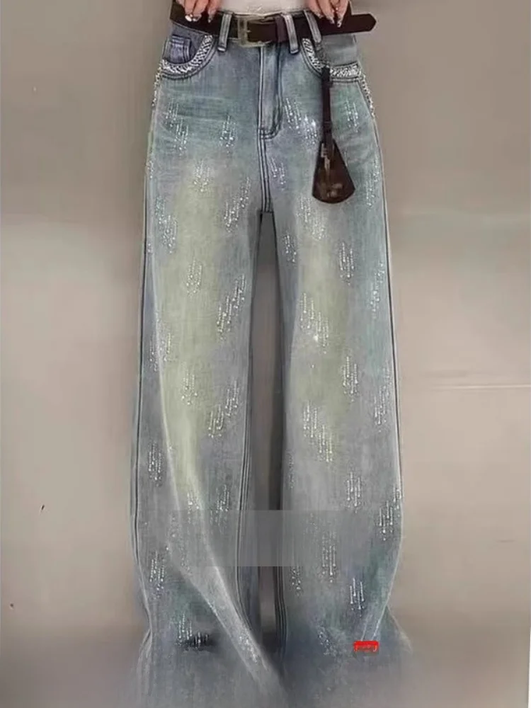 

High Waist Straight Leg Jeans Women's Slim Fit Denim Pants High Quali Glittering Rhinestones ort Tag Casual High Waist