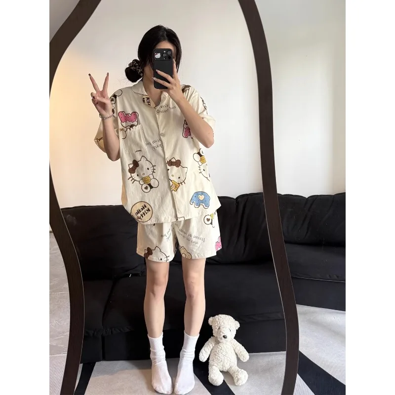 

Hello Kitty cartoon pajamas set, summer new pure cotton cartoon pajamas, Sanrio Hello Kitty loungewear set, casual loungewear