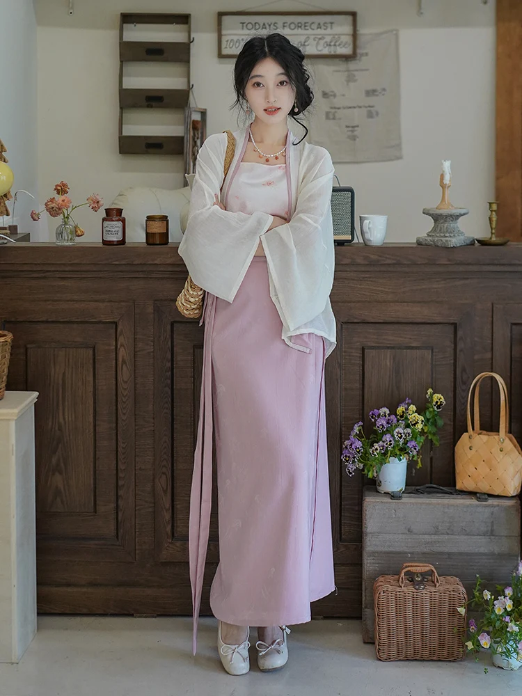 2025 신곡 왕조 스타일 여름 자카드 새틴 트월 스커트 여성용 한복 중국 스타일