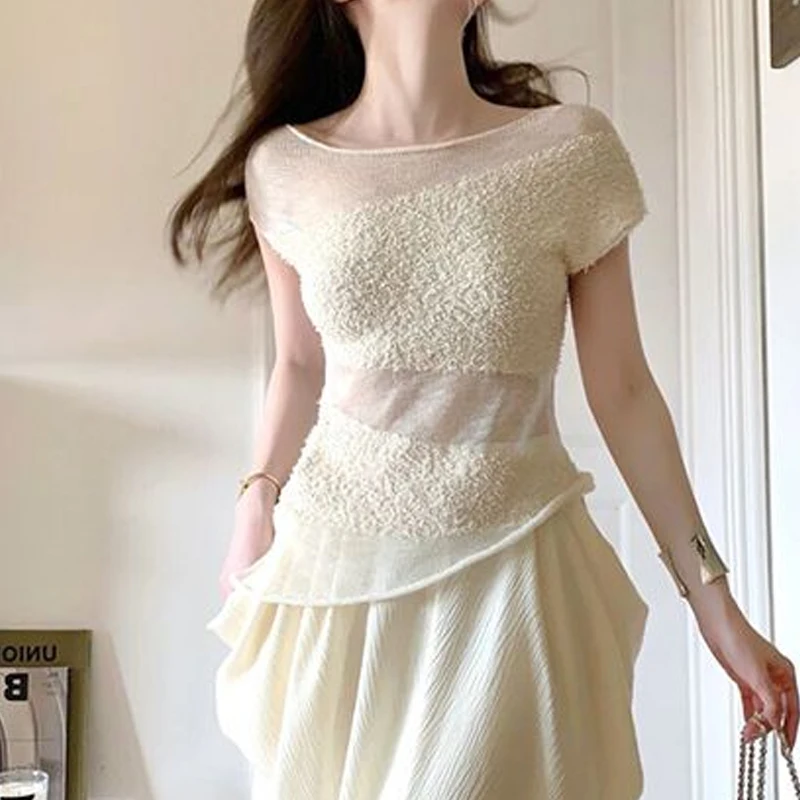 여성용 라운드 넥 반팔 티셔츠, 솔리드 컬러, 할로우 아웃 패치워크 풀오버, 통풍 비대칭 상의, 여름 신상 패션