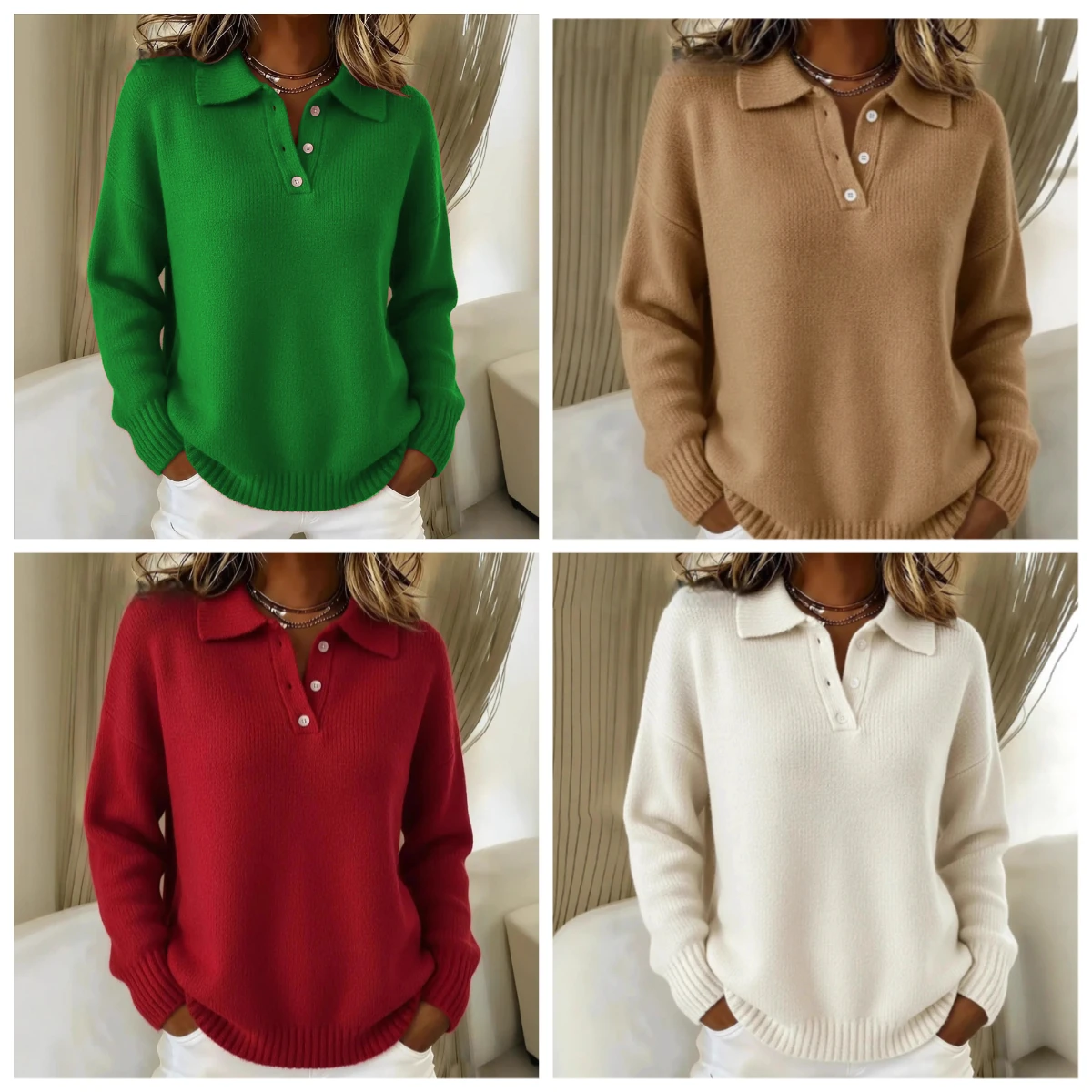 2026 Fall And Winter New Loose And Lazy Style Soft And Sticky Soft Women's Lapel Polo Shirt Long Sleeved Button Sweater Hoody