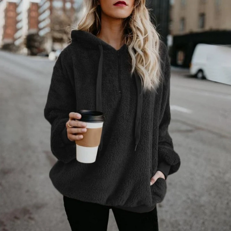 

plus size women's polerones Fleece Hoodies Long Sleeve Hooded Sweatshirt Autumn WinterZipper Pocket Coat Female sweatshirt BLACK