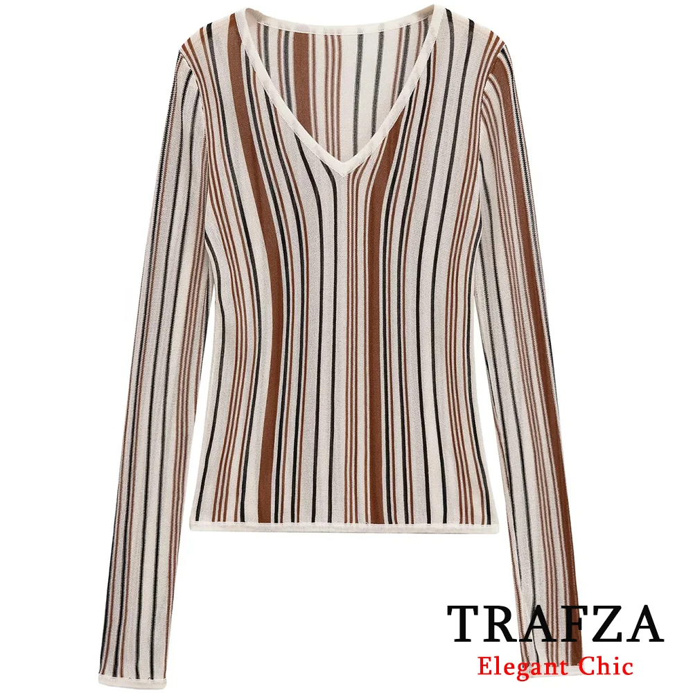 

KONDALA Women Casual Striped Slin Tops V-Neck Long Sleeve Pullover Knitted Tops Fashion 2025 Spring Autumn Fashion Lady Tops