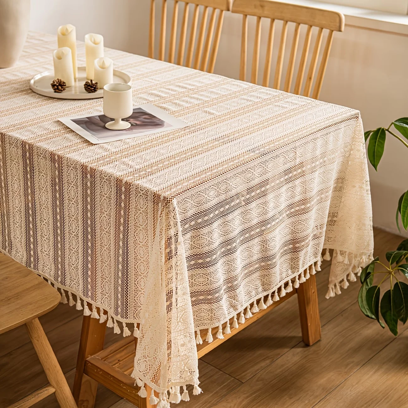 1PC Bohemian Beige Lace Embroidery Tablecloth, Rectangular Tassel Design, Ideal for Dining, Buffet, Wedding & Holiday Parties