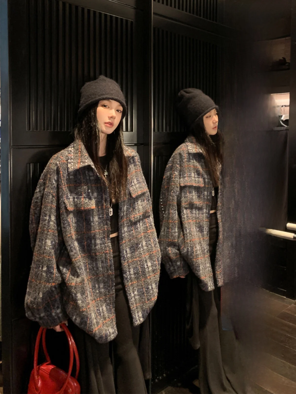 

Женское зимнее пальто Ouyang из шерстяной ткани в клетку, новое, повседневное, свободного кроя, с воротником в стиле ретро, на пуговицах, с длинными рукавами, из смесовой ткани полиэстер-шерсть