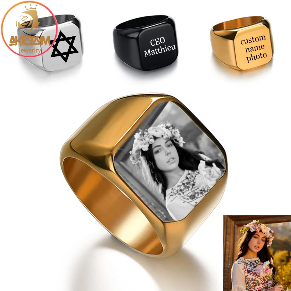 

Punk Engraved Name Photo Ring For Man Women Stainless Steel Custom Personalized Name Date Logo Ring Family Lovers Jewelry Gift
